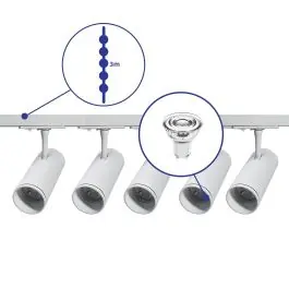 Complete Set 1-Fase Rail 3 Meter Wit | incl. 5x Spot + GU10 2700K 3W Dimbaar + Eindkap, Voedingsconnector en I-Verbindingsstuk Hoge Kwaliteit