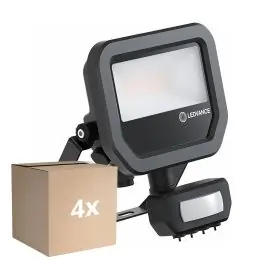 Premium Voordeelpak 4x Ledvance LED Floodlight Aluminium Zwart 8W 1200lm 100D - 840 Koel Wit | IP65 - Bewegings- En Lichtsensor - Symmetrisch